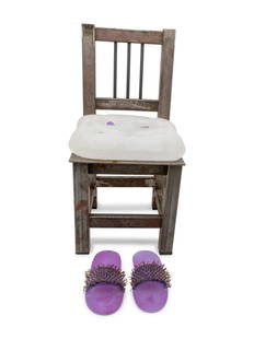 Silvia Levenson (Argentinian, b. 1957) Chair with: Silvia Levenson (Argentinian, b. 1957) Chair with Slippers cast glass, steel, copper etched Levenson 2003 to underside H 19 x W 9 1/4 x D 9 inches