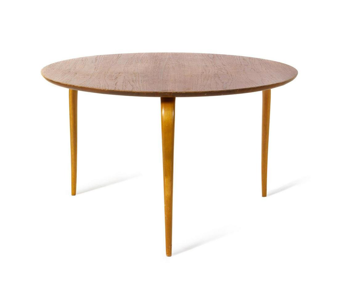 Bruno Mathsson (Swedish, 1907-1988) Annika Side Table: Bruno Mathsson (Swedish, 1907-1988) Annika Side Table Firma Karl Mathsson, Sweden teak, beechwood manufacturer's brand to underside H 20 x Diameter 33 1/2 inches Please Note: This work is located and