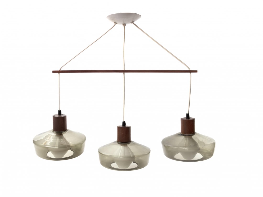 Lyfa | Orrefors Denmark, Sweden, Mid 20th Century: Lyfa | Orrefors Denmark, Sweden, Mid 20th Century Three Light Pendant with Light Bulbs by Tapio Wirkkala Airam, Finland glass, aluminum, teak partial manufacturer's label to interior of ceiling mount