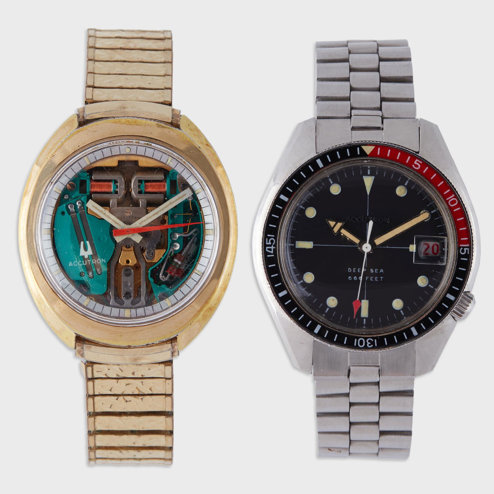 A collection of two stainless steel and gold plated: A collection of two stainless steel and gold plated electric bracelet wristwatches, Bulova Deep Sea, Skeleton dial, circa 1970's one deep sea and one with skeleton dial, circa 1970's electric Bulova m