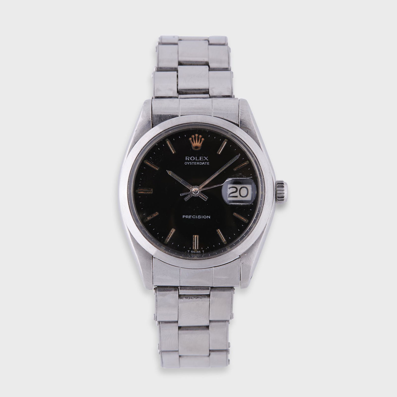 A stainless steel bracelet wristwatch with date, Rolex,: A stainless steel bracelet wristwatch with date, Rolex Oysterdate, circa 1970 jeweled movement, reference 6694, serial number 2228528, with baton hands and markers, black dial with date window and cyc