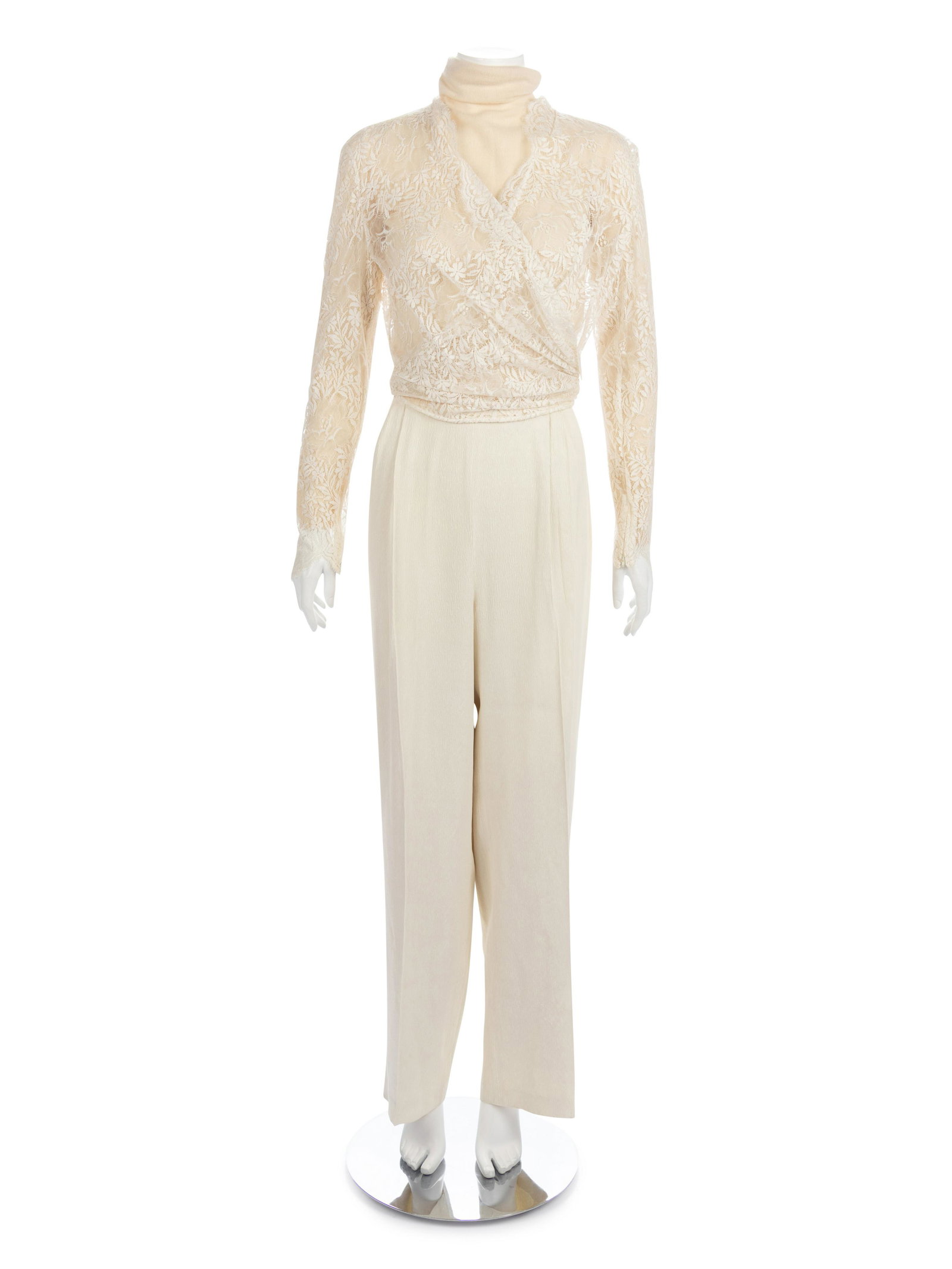 Collection of Valentino Lace Items, 1990-2000s: Collection of Valentino Lace Items, 1990-2000s This lot includes one dress and two ensembles by Valentino. THE FIRST Cream lace wrap tie top with cream cashmere knit turtle neck sweater and cream 