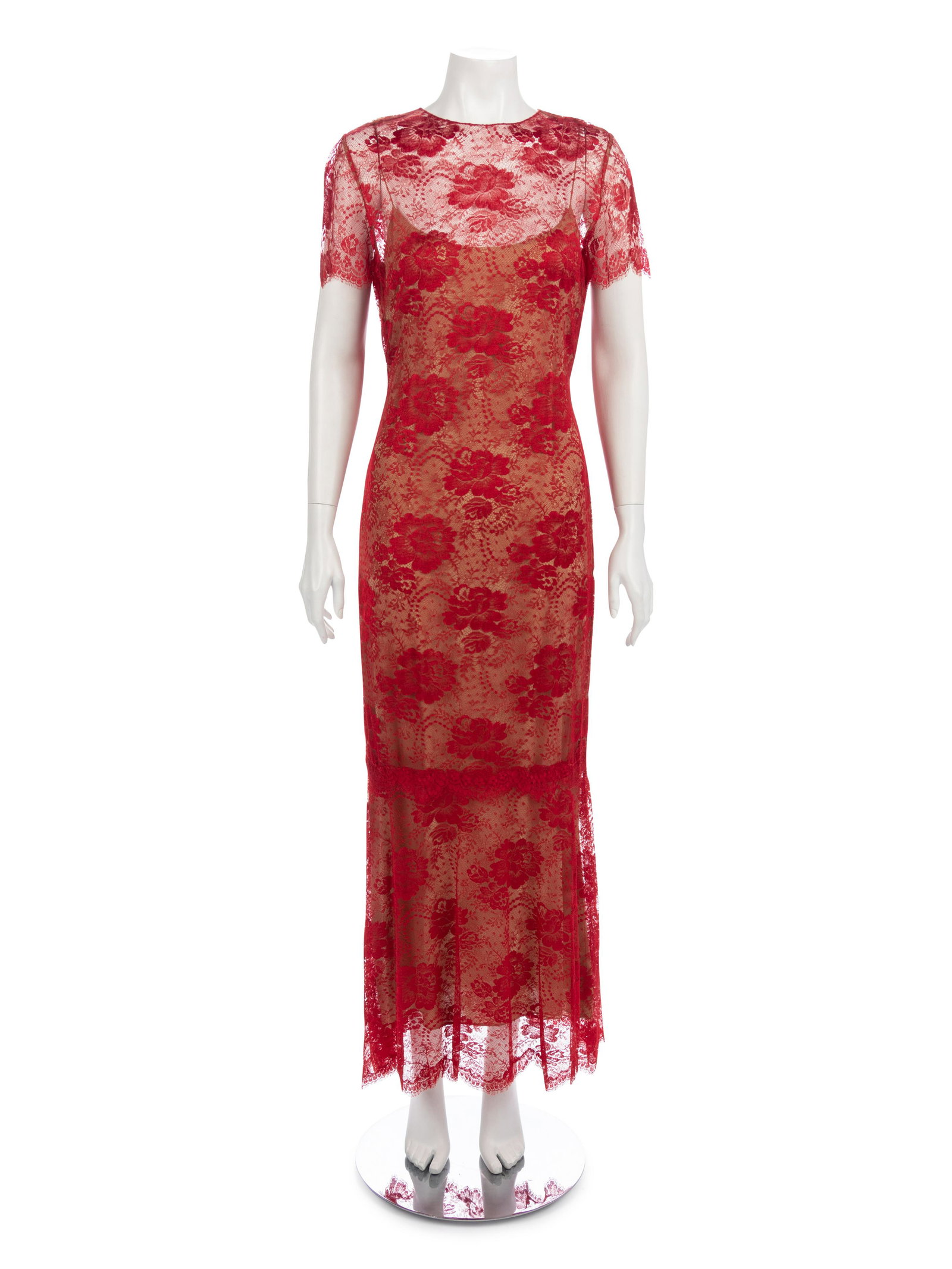 Two Designer Dresses,1990-2000s: Bill Blass & Valentino: Two Designer Dresses,1990-2000s: Bill Blass & Valentino This lot includes two dresses. THE FIRST Red lace short sleeve dress with nude silk crepe slip. Label: Bill Blass Approximate Measurements: