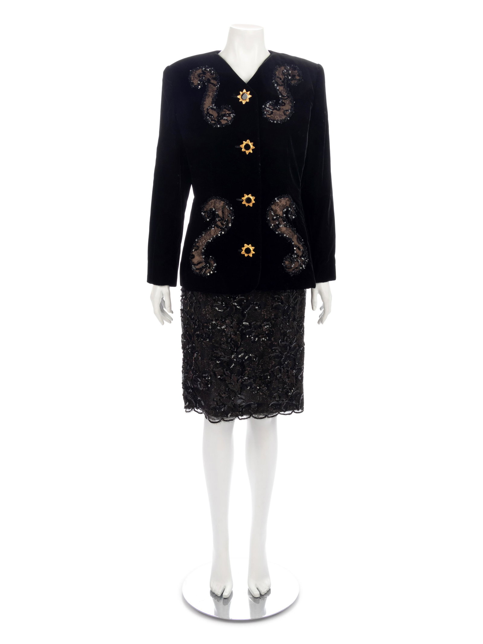 Two Givenchy Velvet Evening Ensembles, 1980-2000s: Two Givenchy Velvet Evening Ensembles, 1980-2000s This lot includes two evening ensembles. THE FIRST Black viscose/cotton blend velvet jacket with lace, net, bead and sequin scroll shaped insets and