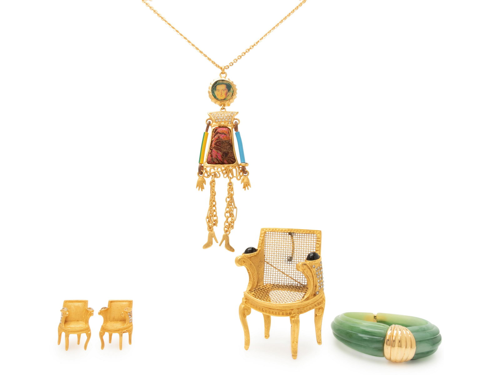 Collection of Designer Jewelry & Accessories,: Collection of Designer Jewelry & Accessories, 1970s-90s: Lagerfeld, Peretti, Lacroix & Givenchy This lot includes six items: one pin with matching ear clips, one necklace, one bracelet, and two belts.