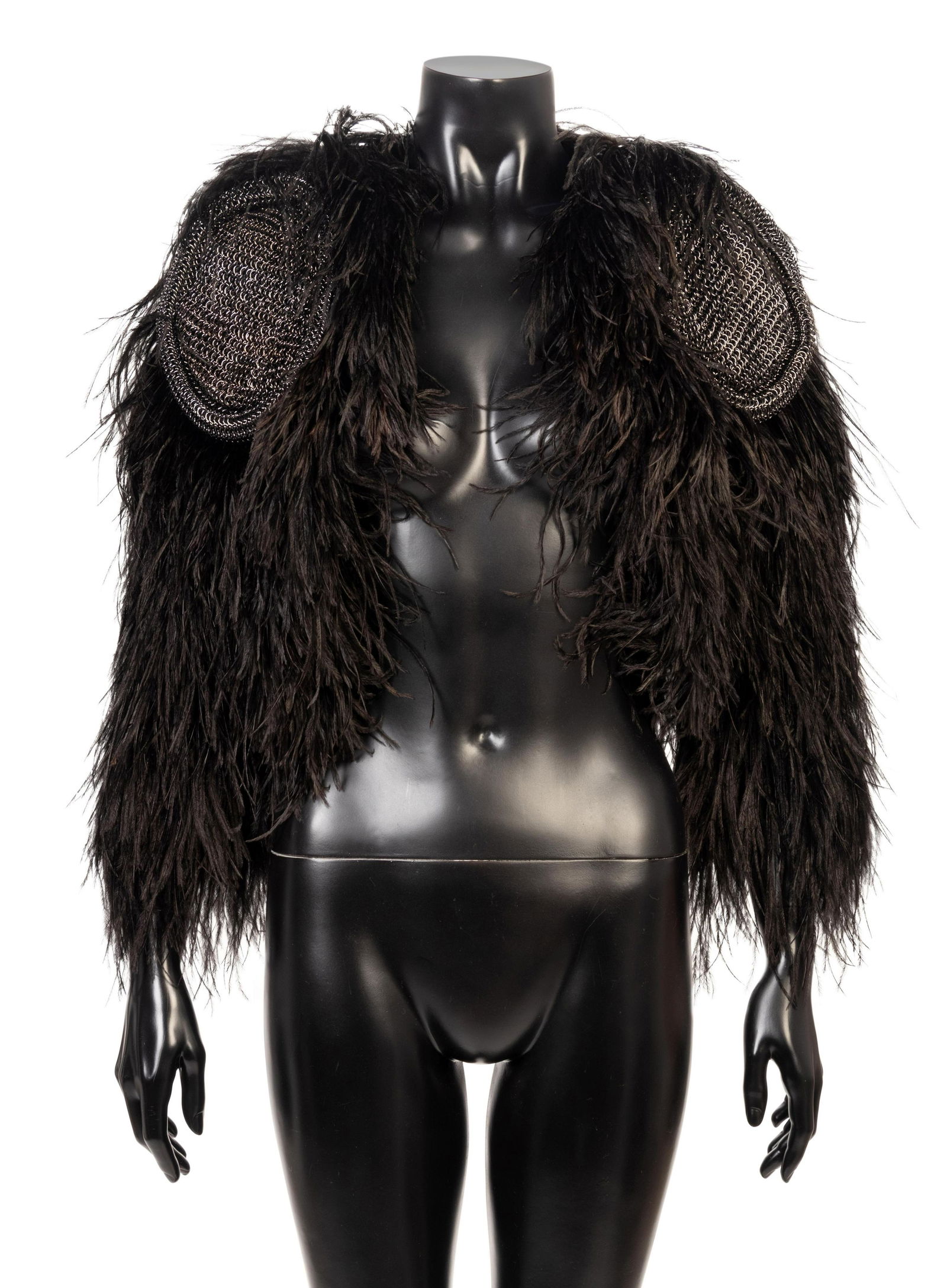 Emanuel Ungaro Black Ostrich and Chainmail Bolero,: Emanuel Ungaro Black Ostrich and Chainmail Bolero, 1990-2000s This bolero was purchased by Eunice Walker Johnson of Johnson Publishing Company and worn in the Ebony Fashion Fair. Black ostrich feath