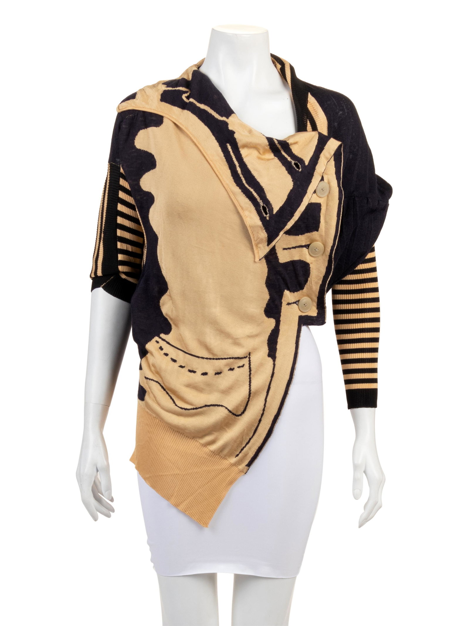 Vivienne Westwood Asymmetrical Trompe-l'oei Sweater,: Vivienne Westwood Asymmetrical Trompe-l'oei Sweater, 1980-90s Navy, black, and camel, linen blend knit cardigan with asymmetrical drape and button closure. Label: Vivienne / Westwood / London Size L