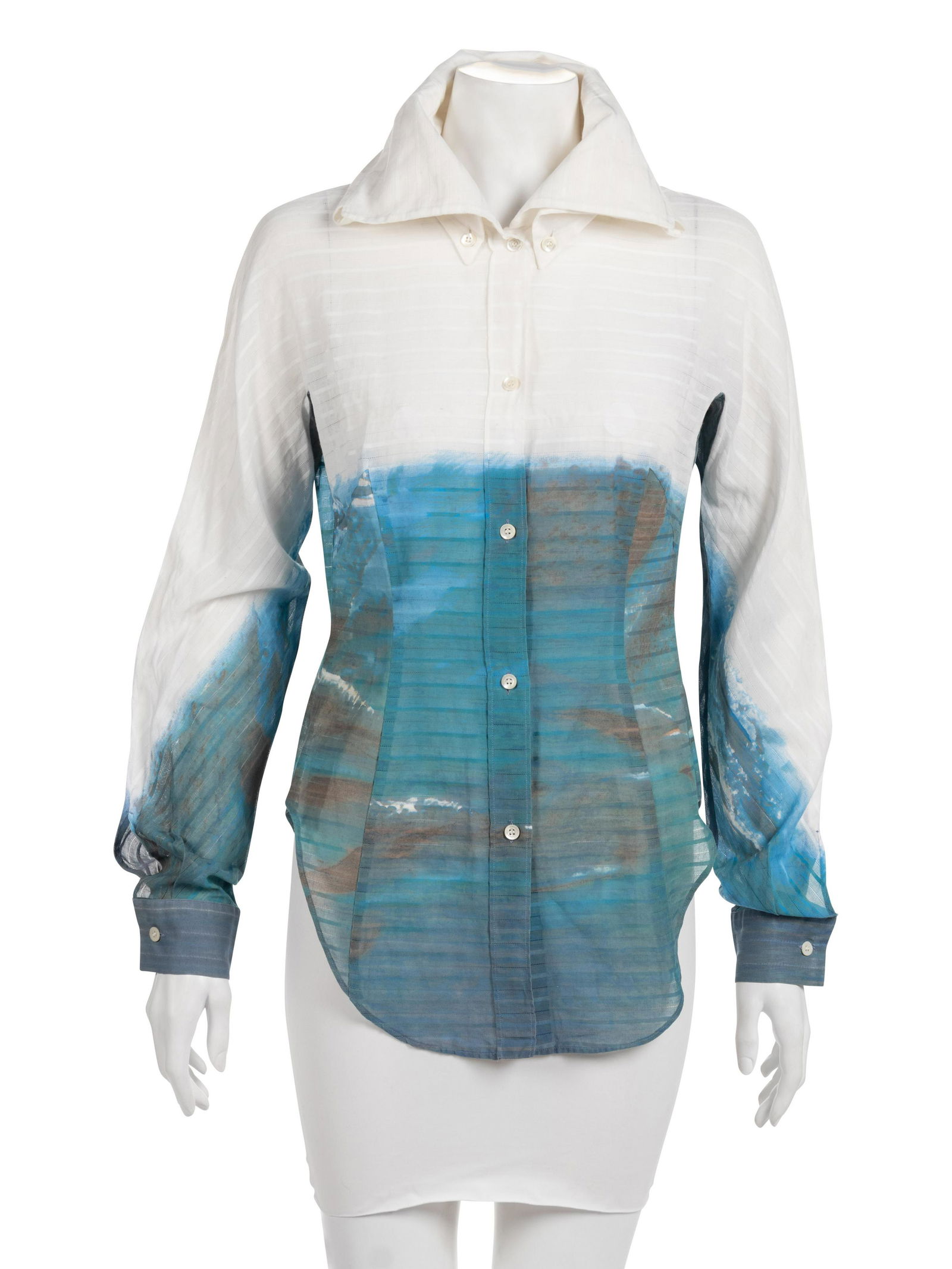 Alexander McQueen Printed Collared Shirt, 2000s: Alexander McQueen Printed Collared Shirt, 2000s White cotton large collared shirt with a printed abstract motif. Label: Alexander McQueen Size Label: 42 Approximate Measurements: Chest: 37" Waist: 3