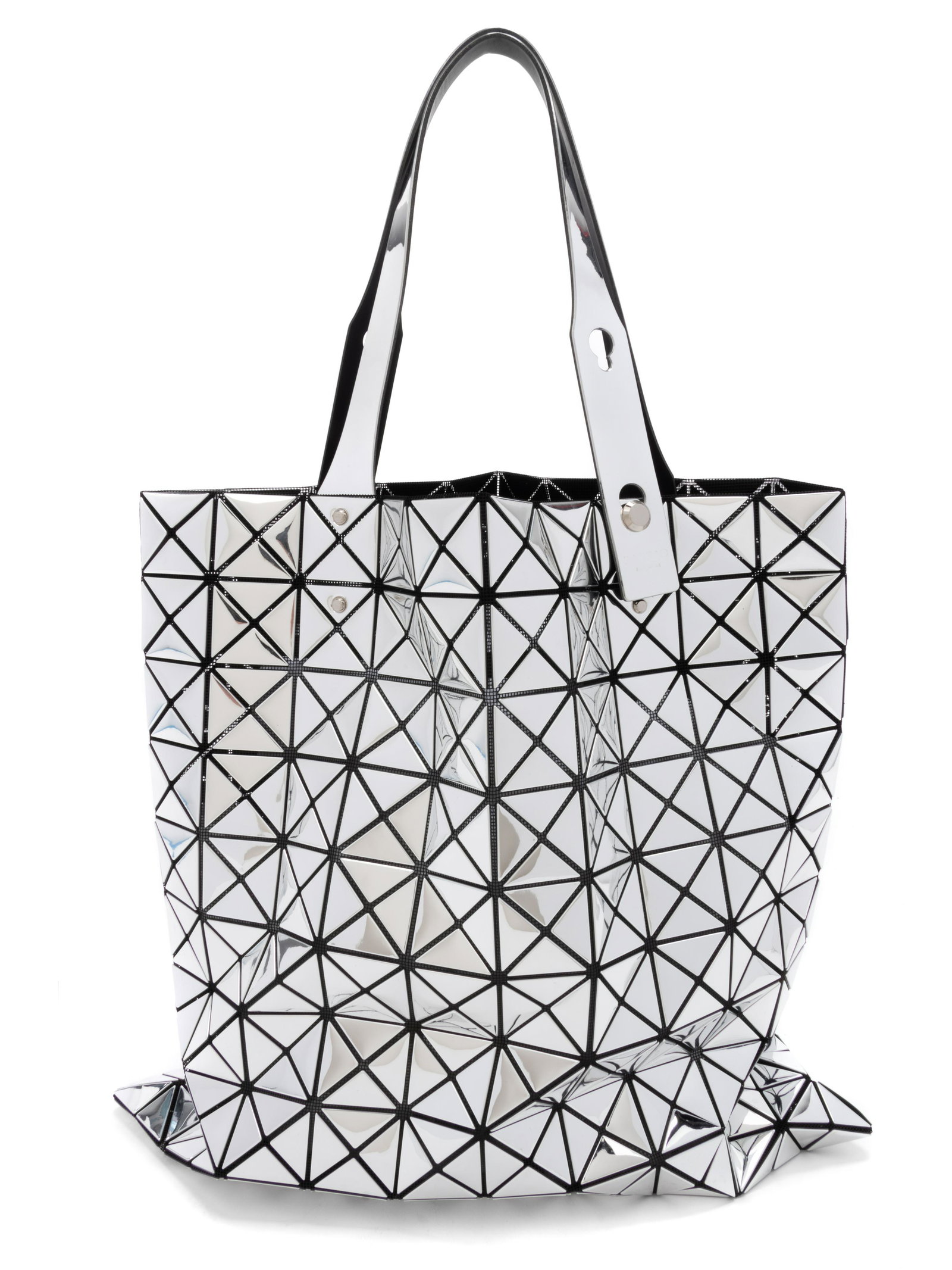 Issey Miyake Silver "BaoBao" Bag, c.2000: Issey Miyake Silver "BaoBao" Bag, c.2000 Triangle mirrored tile on black mesh tote bag with adjustable rubber handles. Label (stamped): BAOBAO / Issey Miyake Approximate Measurements: Length: 1