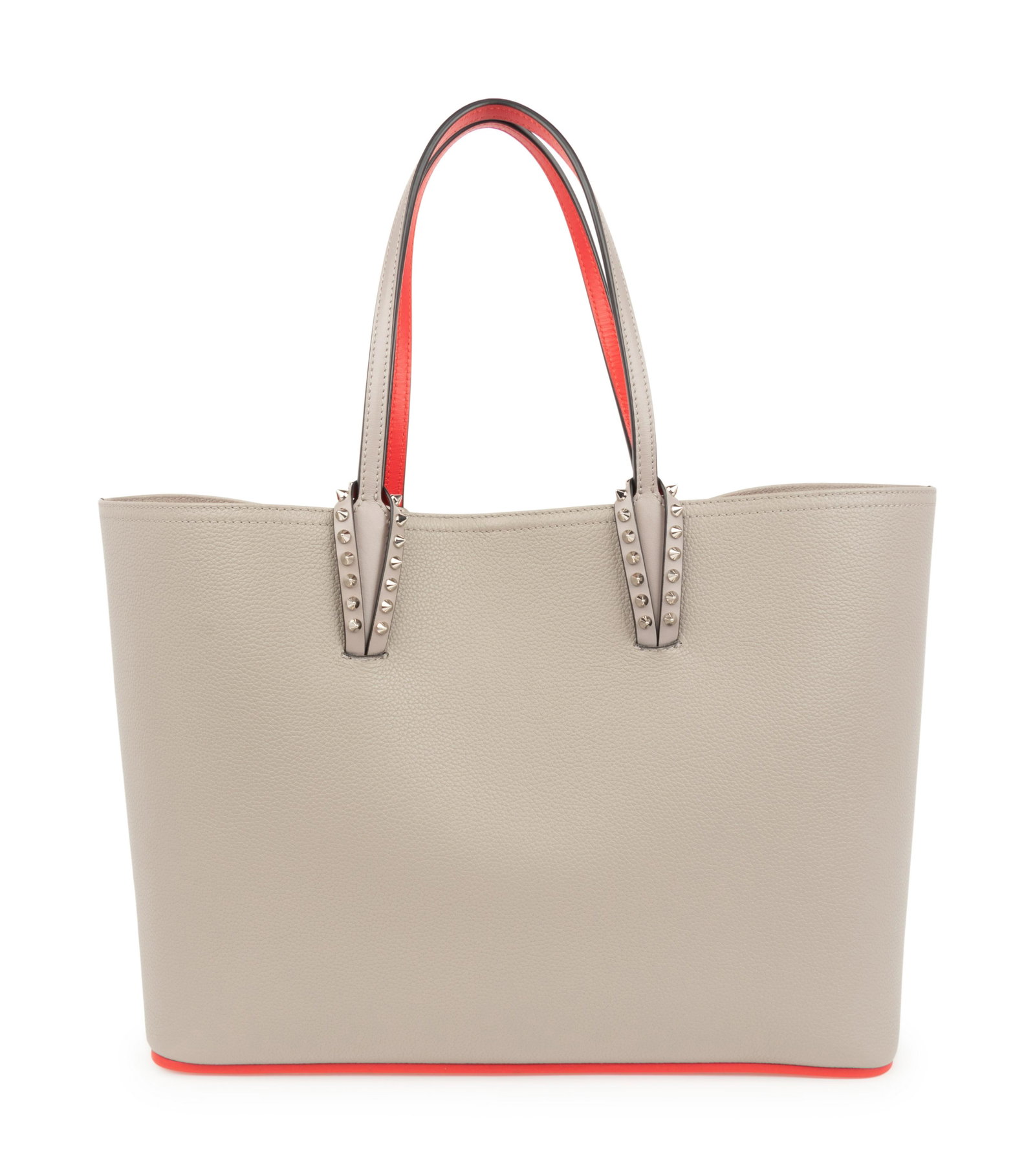 Christian Louboutin Gray Tote with Attached Wrist-let,: Christian Louboutin Gray Tote with Attached Wrist-let, 2000-10s Gray leather tote bag with silver-tone metal spike studs and lined in red leather with a red rubber base that features the name 'Loubout