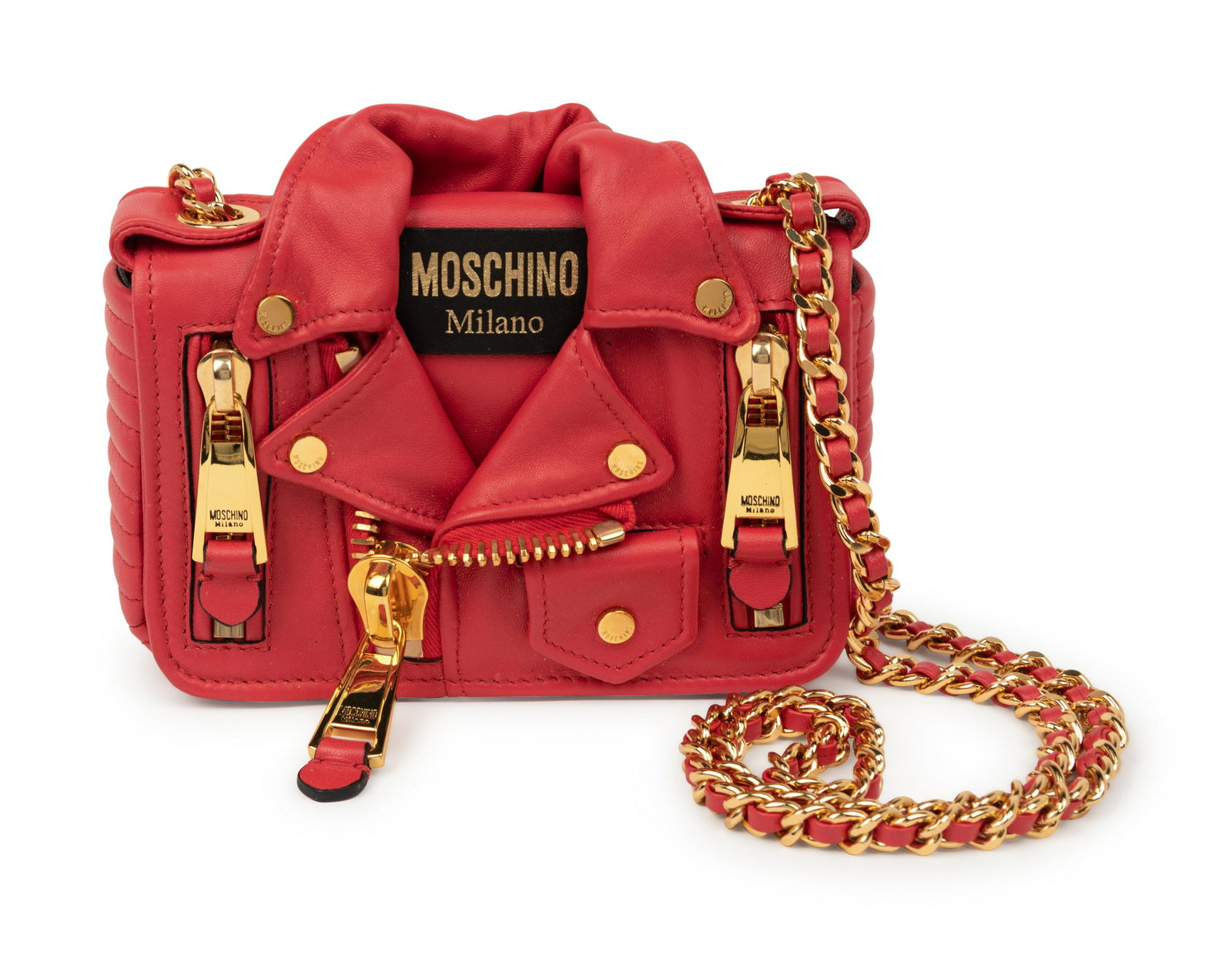 Two Moschino Leather Handbags, c.2015: Two Moschino Leather Handbags, c.2015 This lot includes two Moschino handbags. THE FIRST: Pink calf leather jacket-form shoulder bag with gold-tone hardware. Label (stamped on leather): Moschino �