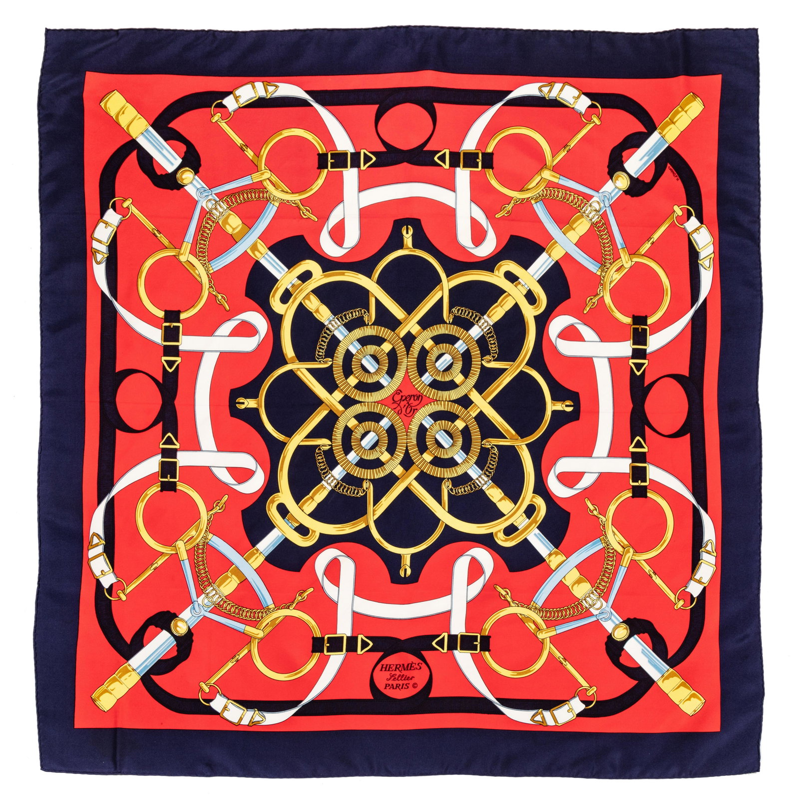 Hermes 90cm Silk Scarf, Carre: Hermes 90cm Silk Scarf "Eperon d'Or" pattern, designed by Henri d'Origny. Size: 36" x 36". Labeled within the print: Hermes. Condition: Overall Excellent Condition. Very minor spots bottom right corne