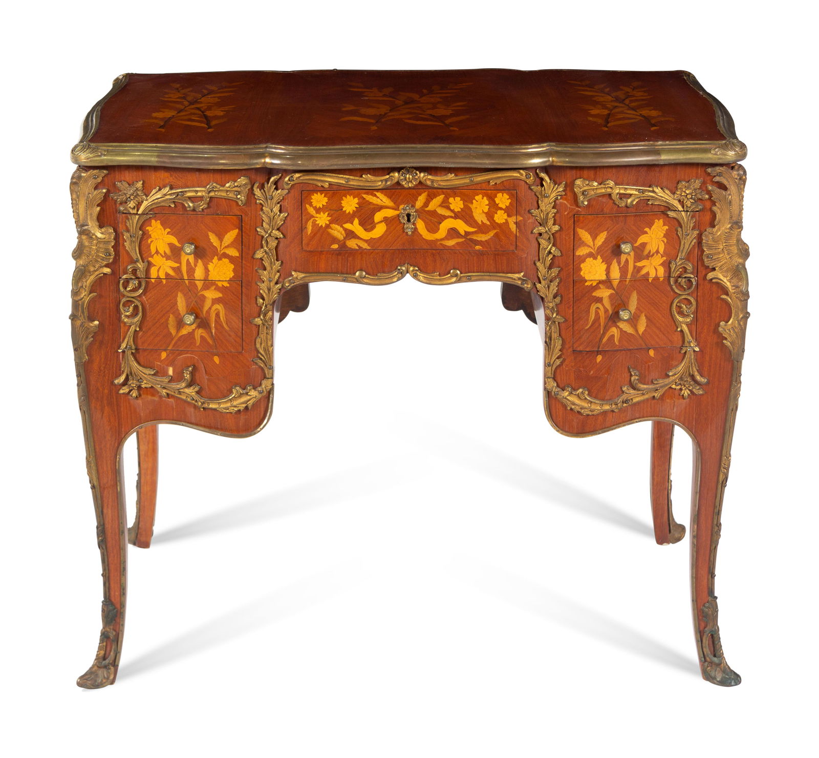 A Louis XV Style Gilt Bronze Mounted Marquetry Desk (1 of 3)