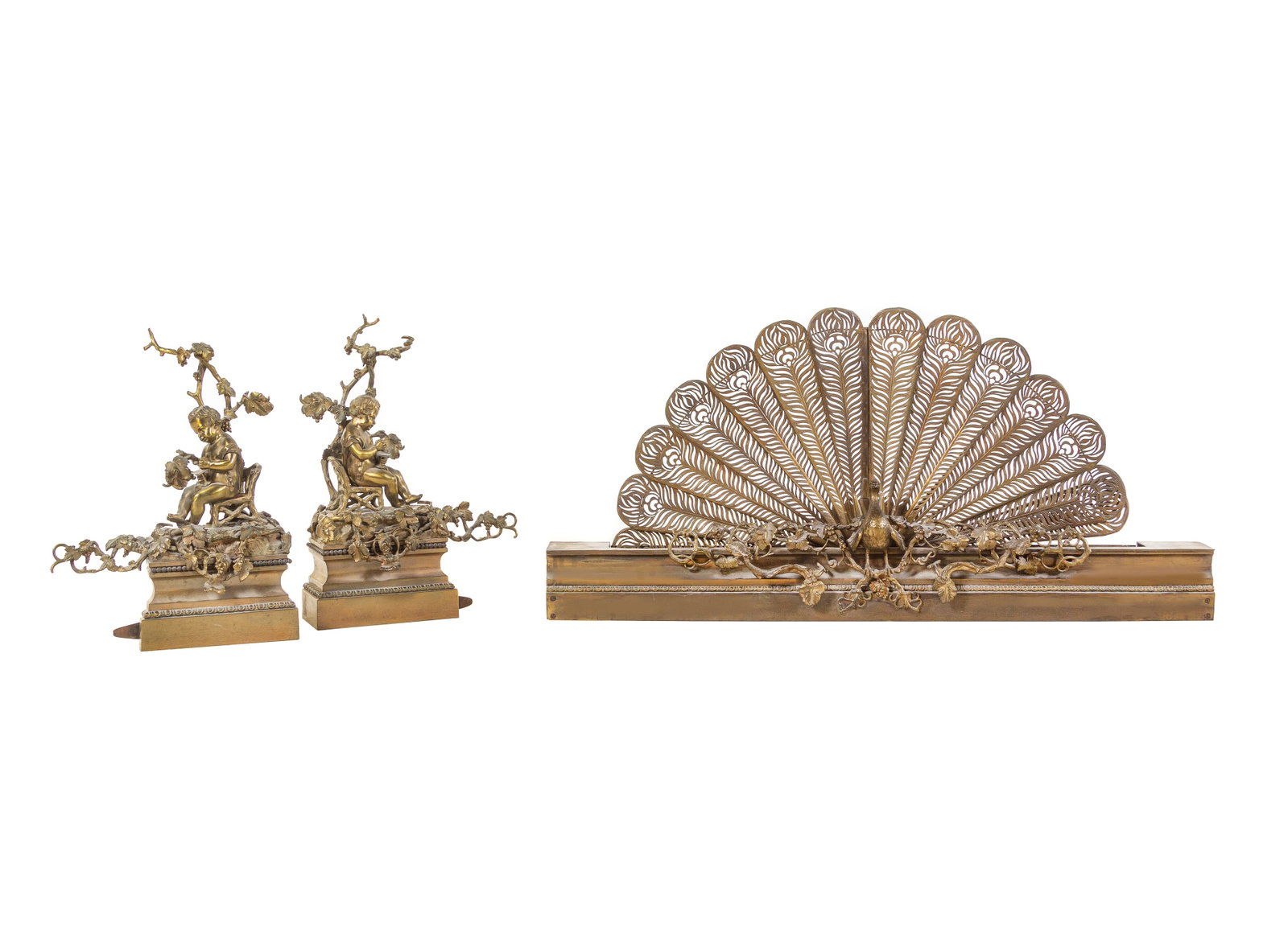 A Louis XVI Style Gilt Bronze Fire Fender: A Louis XVI Style Gilt Bronze Fire Fender Late 19th/Early 20th Century together with two figural andirons. Height 19 1/2 inches.