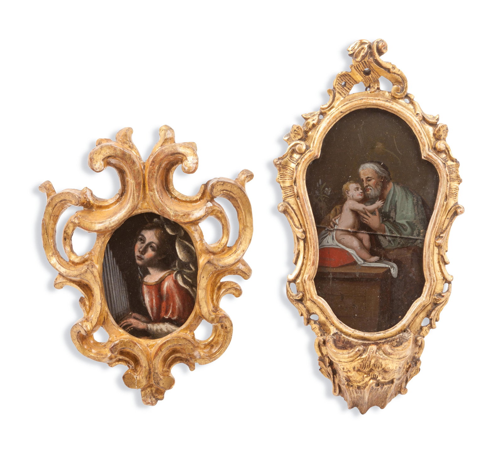Italian School, 19th Century: Italian School, 19th Century Angel Playing an Organ and Adoration of the Christ Child (two works) oil on copper and reverse painting on glass Larger frame: 13 x 7 inches. Property from the Estate of S