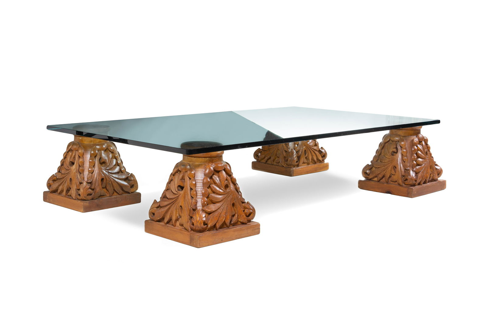 A Set of Four Carved Oak Capitals with a Glass Top as a (1 of 2)