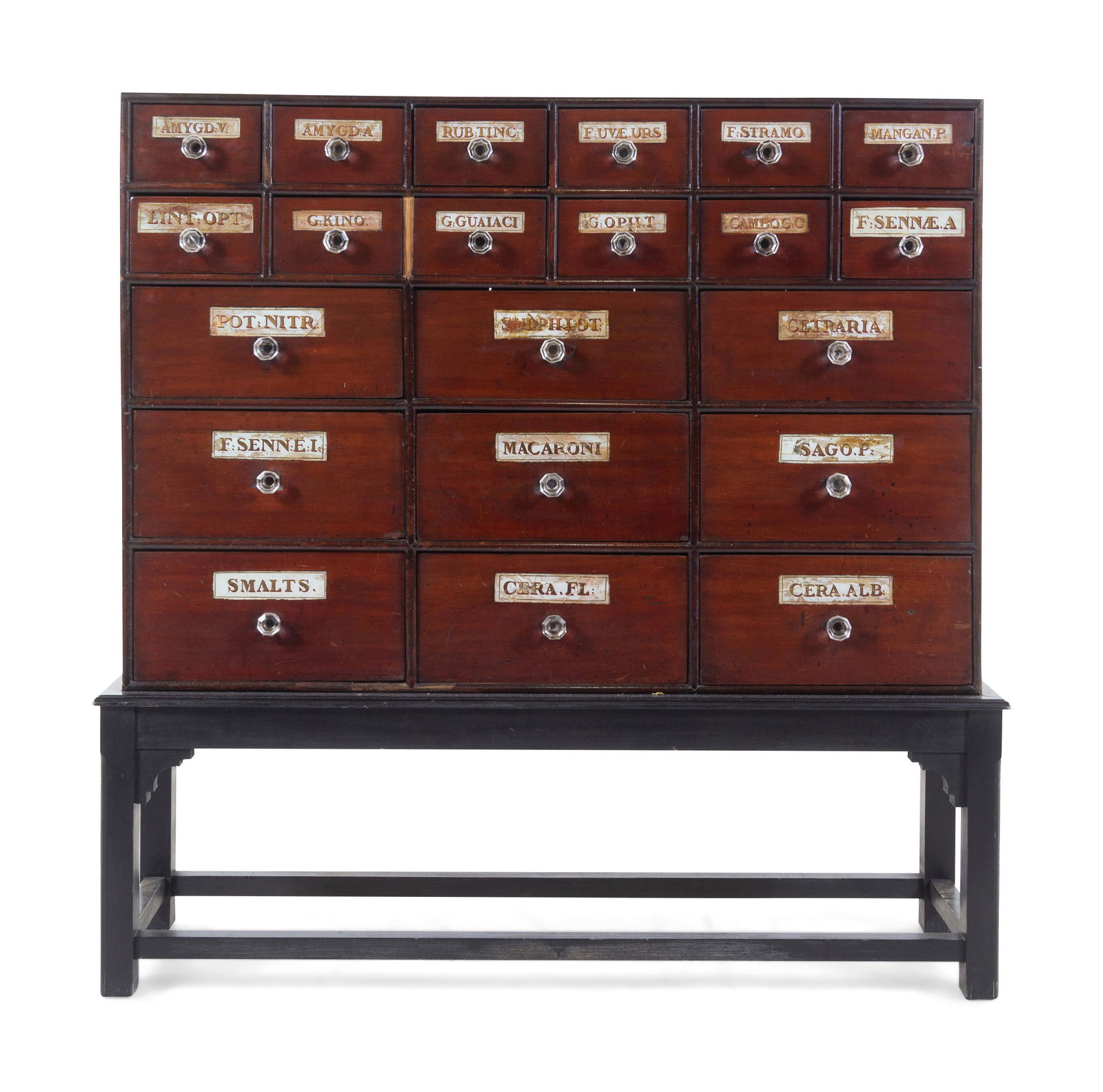 A Painted and Parcel Gilt Apothecary Chest on Stand: A Painted and Parcel Gilt Apothecary Chest on Stand 19th Century and Later Height 46 3/4 x width 47 x depth 17 3/8 inches.