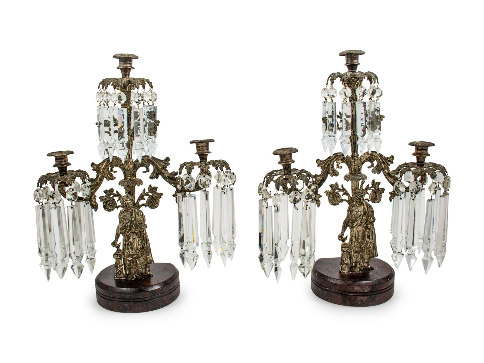A Pair of Victorian Brass Girandoles: A Pair of Victorian Brass Girandoles Late 19th Century Height 18 inches.