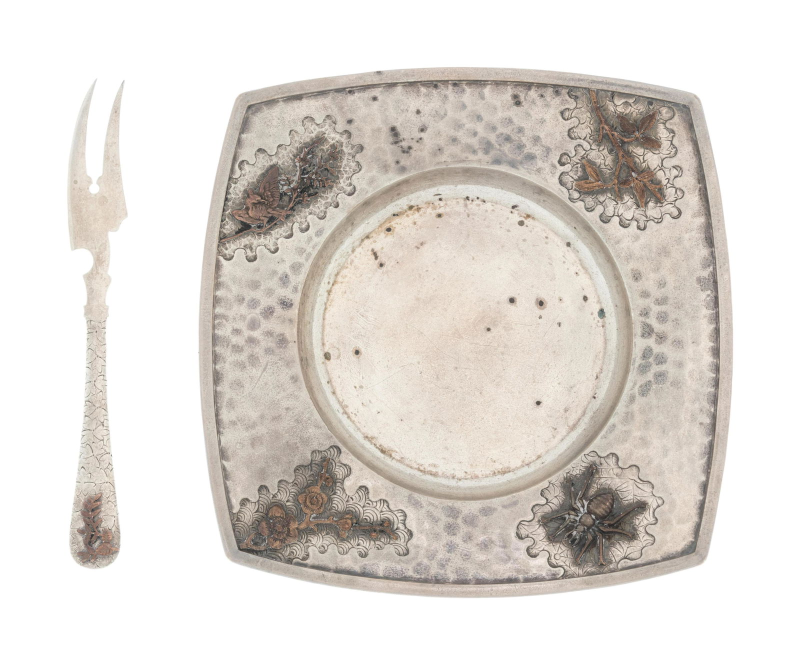 An American Silver and Mixed Metals Cheese Dish and: An American Silver and Mixed Metals Cheese Dish and Fork Dominick & Haff, New York, NY, 1881 the spot-hammered border with applied bird, branch and spider decoration, together with a similarly decorat