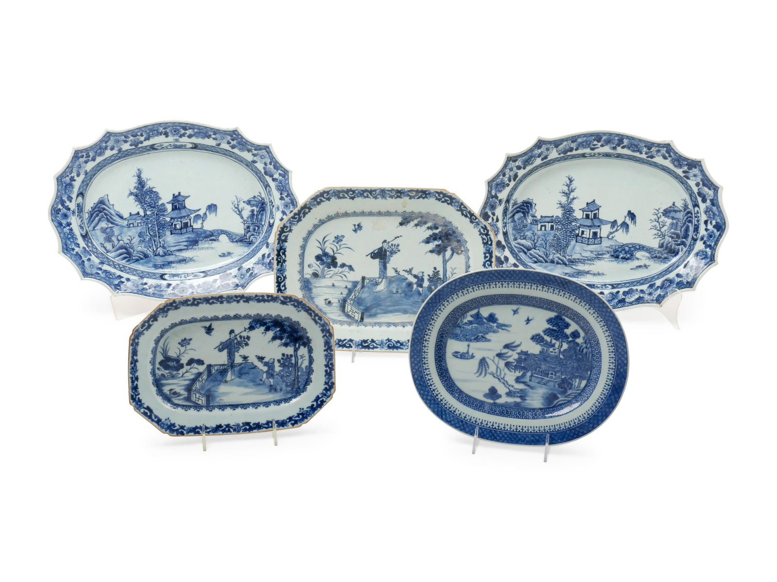 Five Chinese Export Blue and White Porcelain Platters (1 of 1)
