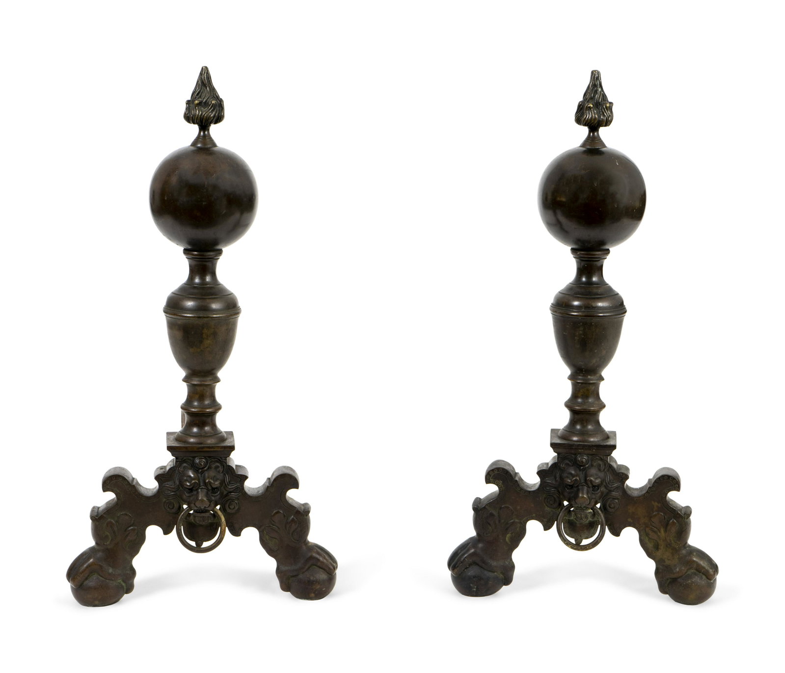 A Pair of Baroque Bronze Andirons Height 28 inches.: A Pair of Baroque Bronze Andirons 18TH CENTURY each base centered with a lion mask ring handle. Height 28 inches. Property from a Private Collection, Palm Beach, Florida