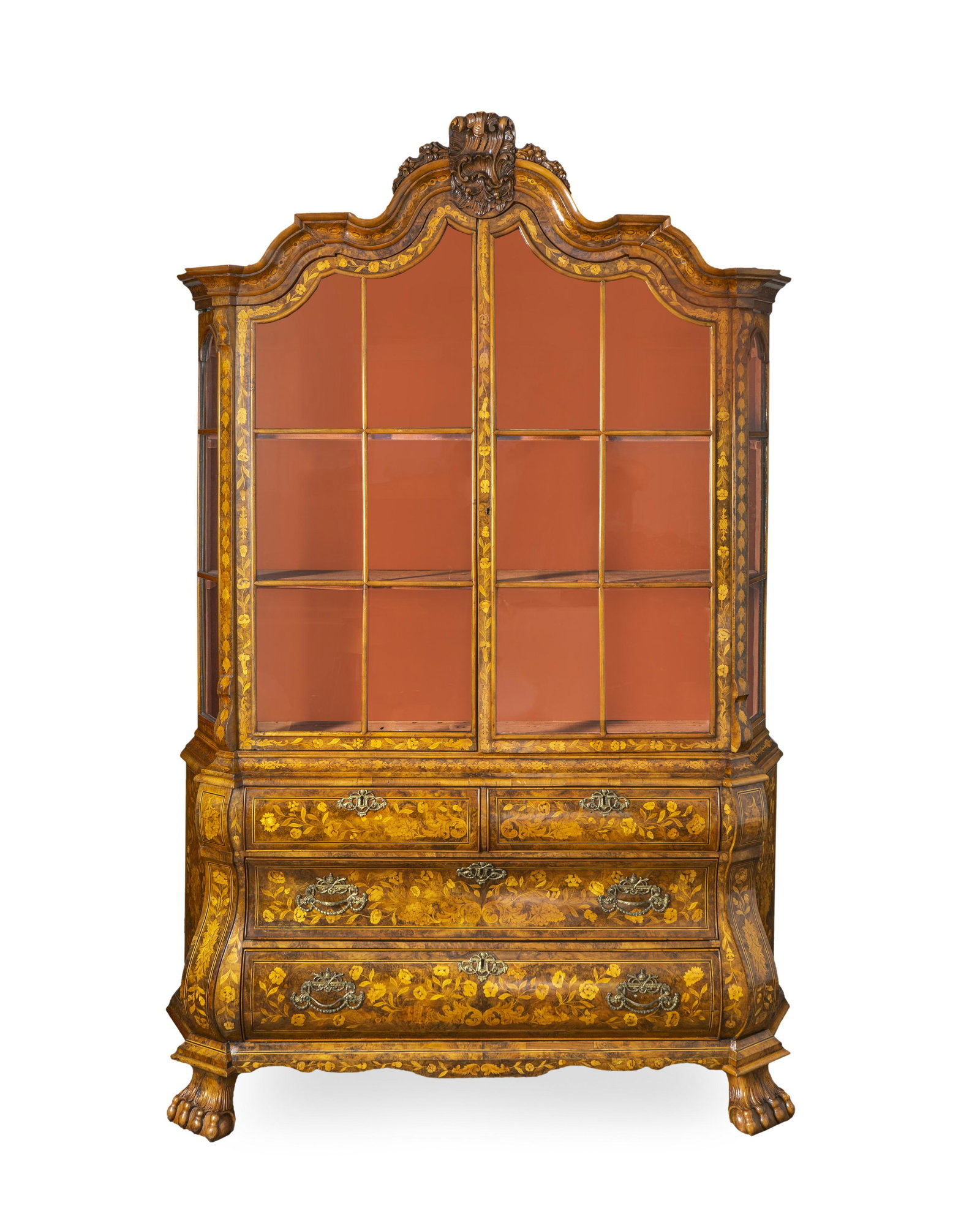 A Dutch Baroque Marquetry Bookcase Height 98 x width 65: A Dutch Baroque Marquetry Bookcase 18TH CENTURY in two parts, the upper section with glazed doors opening to shelves, the lower section of bombe outline raised on paw feet. Height 98 x width 65 x dept