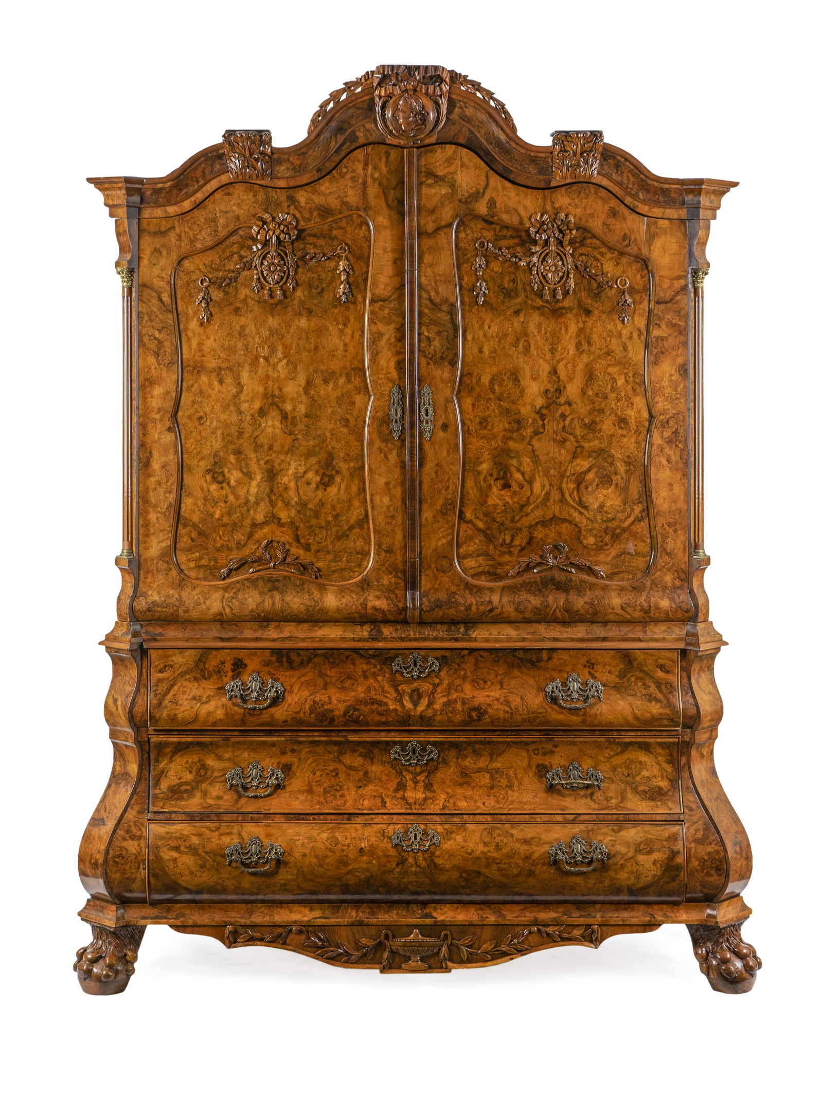 A Dutch Baroque Burlwood Cabinet Height 96 x width 74 x: A Dutch Baroque Burlwood Cabinet 18TH CENTURY WITH LATER ELEMENTS the upper section with doors, the lower section with three drawers; raised on paw feet. Height 96 x width 74 x depth 27 inches. Proper