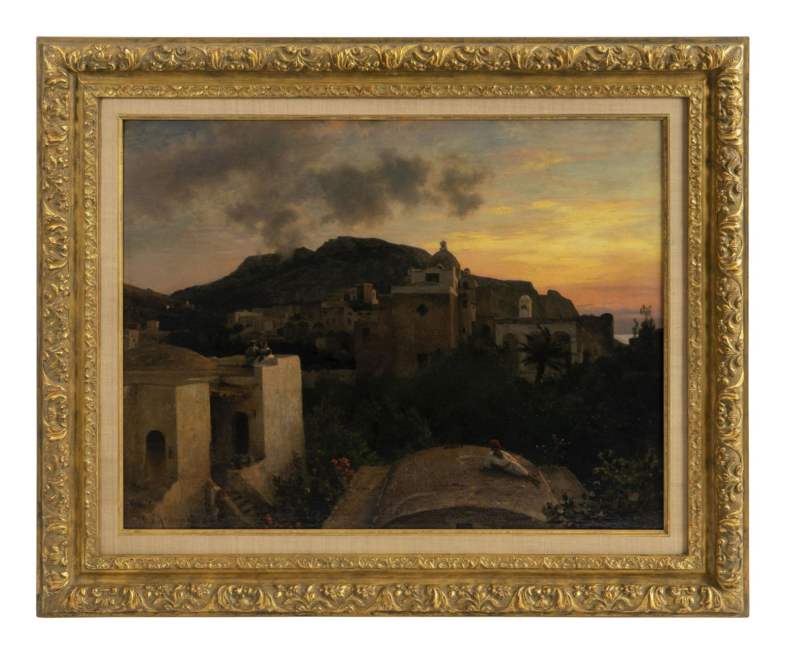 Oswald Achenbach (German, 1827-1905) Mediterranean: Oswald Achenbach (German, 1827-1905) Mediterranean Landscape with Village and Monatery oil on canvas signed Osw. Achenbach (lower left) 22 x 29 inches. Property from a Private Collection, Palm Beach,