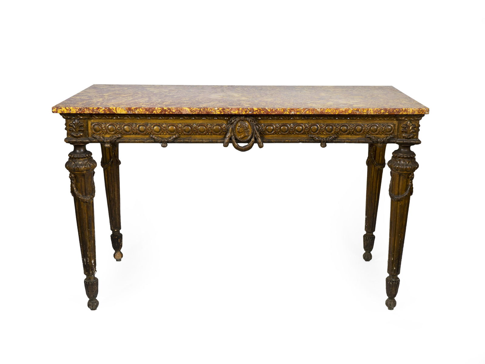 An Italian Neoclassical Giltwood Table Height 36 x: An Italian Neoclassical Giltwood Table CIRCA 1800 the rectangular marble top resting on a running coin-decorated frieze, raised on fluted tapering legs. Height 36 x width 59 1/2 x depth 30 inches. Pro