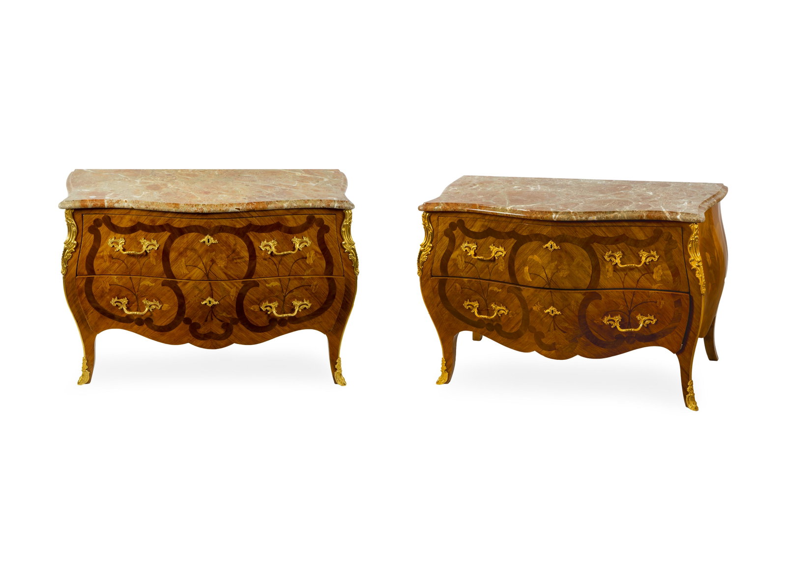 A Pair of Louis XV Style Gilt Bronze Mounted Tulipwood: A Pair of Louis XV Style Gilt Bronze Mounted Tulipwood and Marquetry Commodes 19TH CENTURY each serpentine front marble top resting on a bombe form case with two drawers, raised on outsplayed legs end