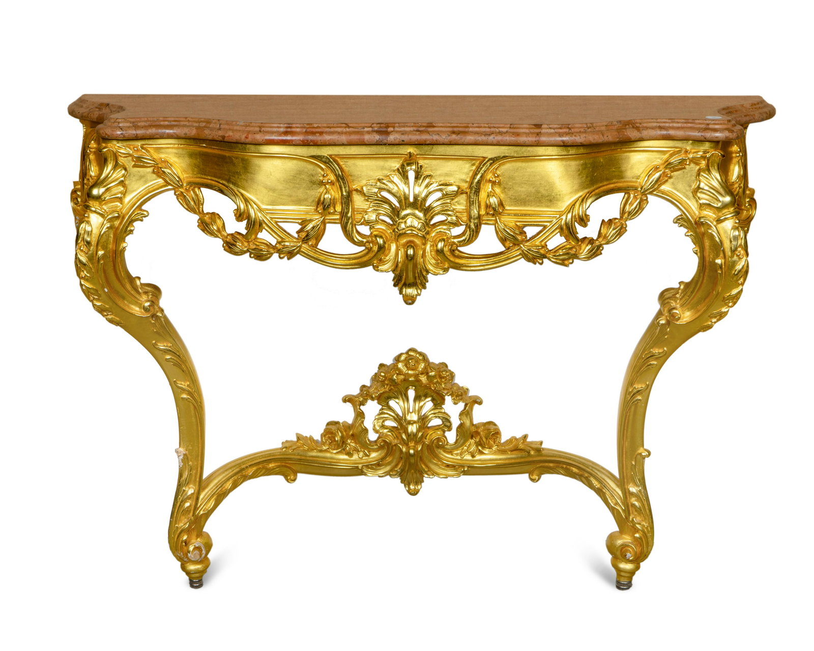 A Louis XV Style Giltwood Console Table Height 34 x: A Louis XV Style Giltwood Console Table 20TH CENTURY raised on foliate S-scroll supports. Height 34 x width 48 x depth 17 inches. Property from a Private Collection, Palm Beach, Florida