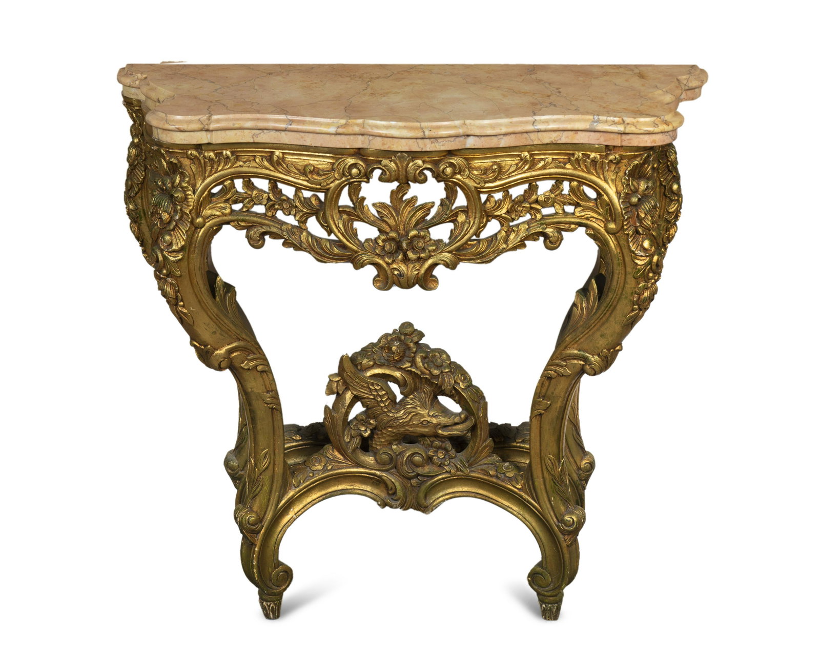 A Louis XV Style Giltwood Console Table: A Louis XV Style Giltwood Console Table FIRST HALF-20TH CENTURY having a serpentine marble top on a conforming base carved with a bird, flowers and foliate scrolls. Height 35 x width 36 x depth 16 inc