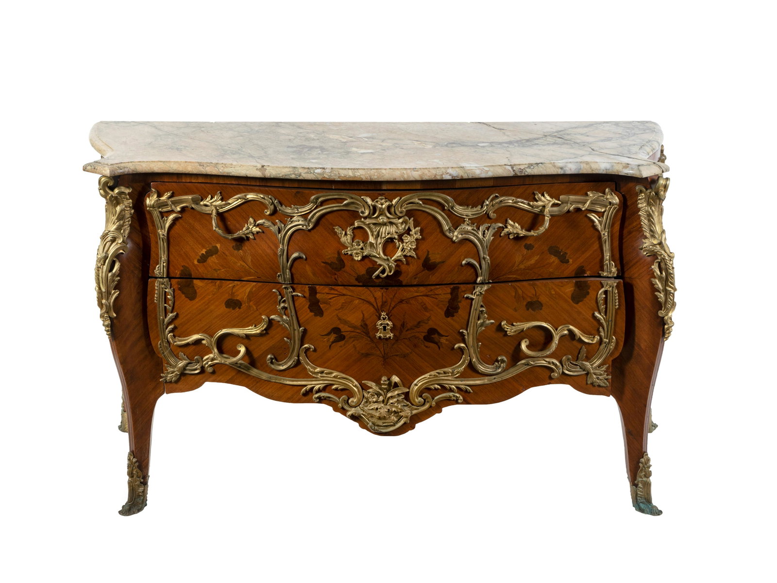 A Louis XV Gilt Bronze Mounted Kingwood and Marquetry: A Louis XV Gilt Bronze Mounted Kingwood and Marquetry Commode LATE 18TH/EARLY 19TH CENTURY having a serpentine marble top on a conforming bombe form case, raised on splayed legs ending in sabots. Heig