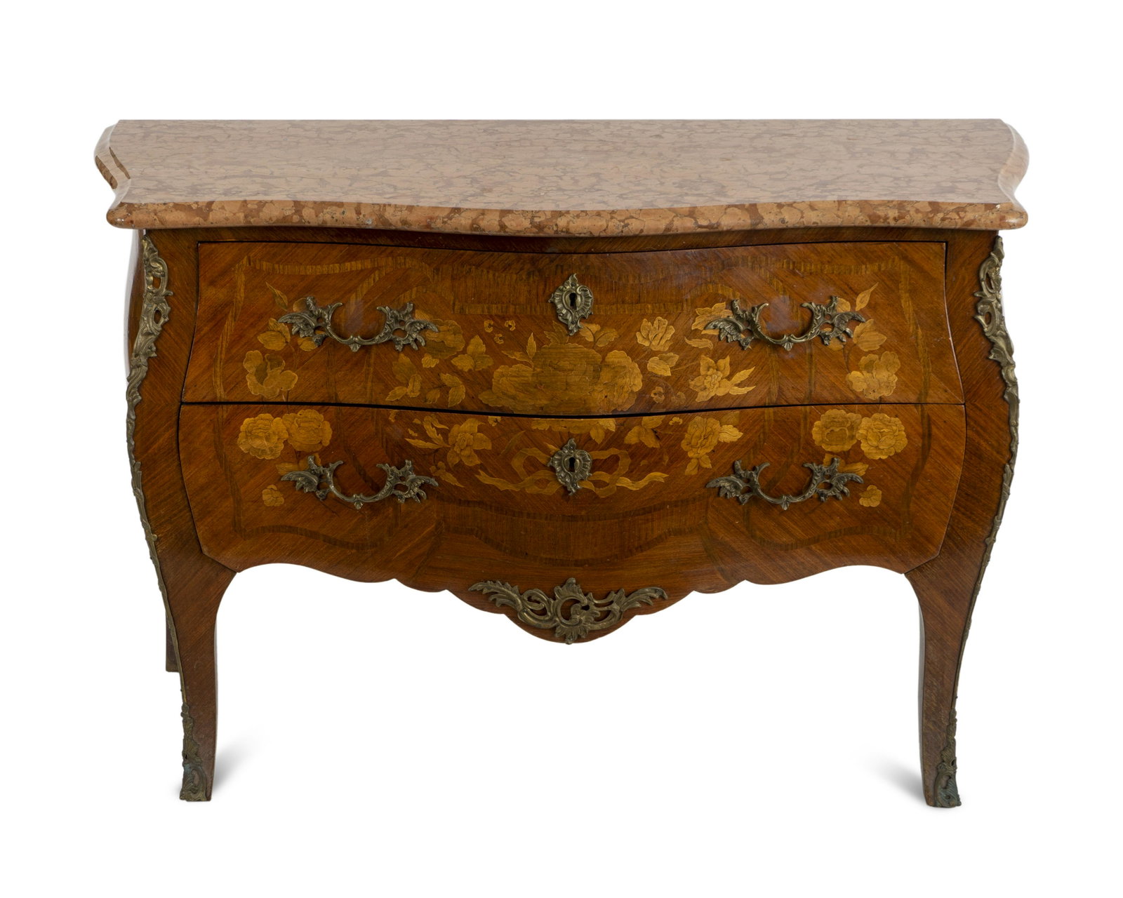 A Louis XV Style Gilt Bronze Mounted Marquetry Commode: A Louis XV Style Gilt Bronze Mounted Marquetry Commode LATE 19TH CENTURY of bombe outline, raised on outsplayed legs ending in sabots. Height 33 x width 48 x depth 21 inches. Property from a Private C