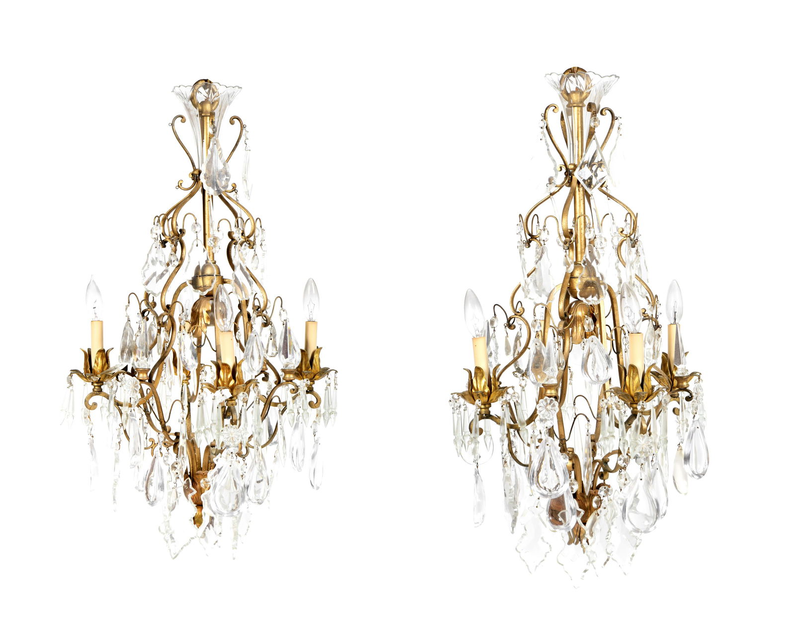 A Pair of French Gilt Bronze Chandeliers Height 38: A Pair of French Gilt Bronze Chandeliers 19TH CENTURY hung with prisms throughout. Height 38 inches. Property from a Private Collection, Palm Beach, Florida