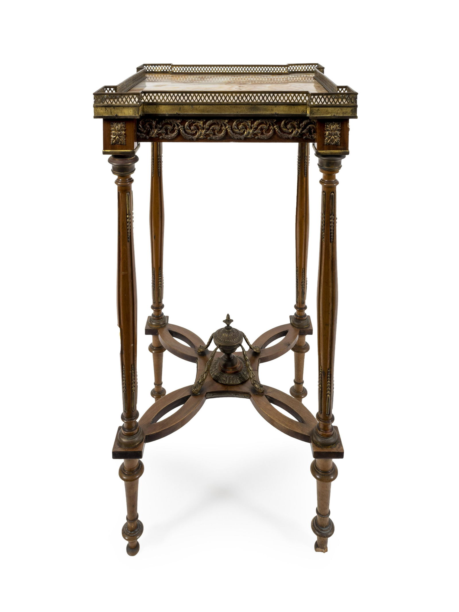 A Louis XVI Style Gilt Bronze Mounted Table Height 32 x: A Louis XVI Style Gilt Bronze Mounted Table 18TH/19TH CENTURY in the manner of Adam Weisweiler, having a rectangular onyx-inset galleried top, raised on four supports joined by an x-form stretcher. He