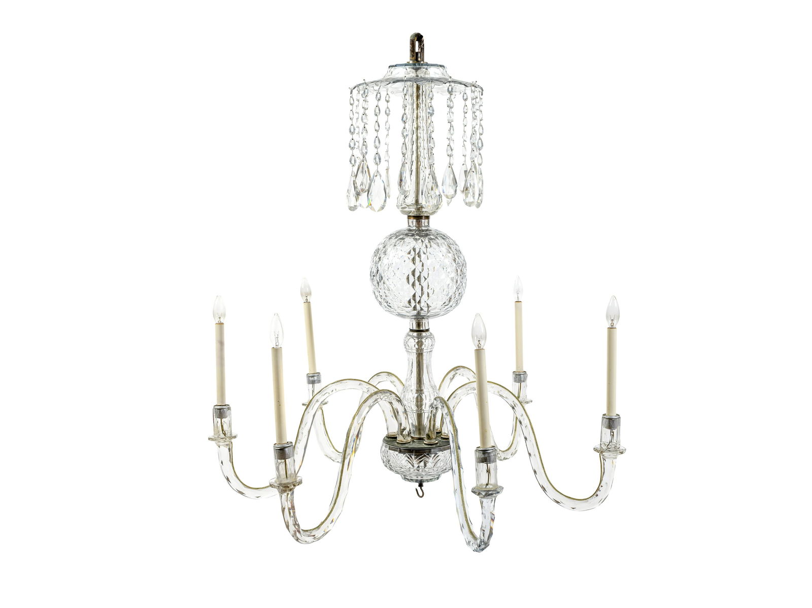 A Georgian Style Cut Glass Six-Light Chandelier: A Georgian Style Cut Glass Six-Light Chandelier 19TH CENTURY with s-scroll branches. Height 58 x diameter 40 inches. Property from a Private Collection, Palm Beach, Florida