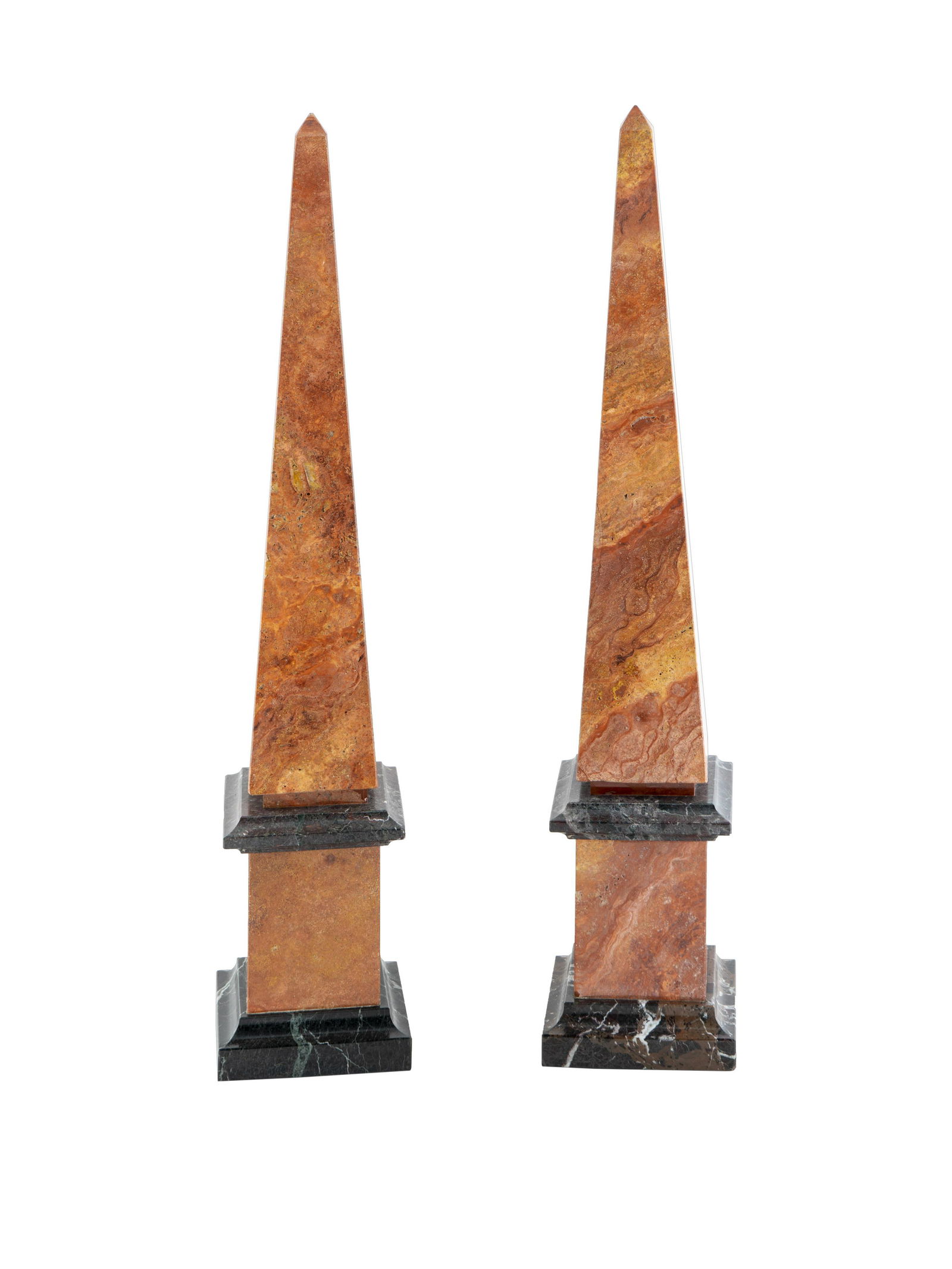 A Pair of Marble Obelisks Height 29 1/2 inches.: A Pair of Marble Obelisks 20TH CENTURY each on a rectangular plinth base. Height 29 1/2 inches. Property from a Private Collection, Palm Beach, Florida