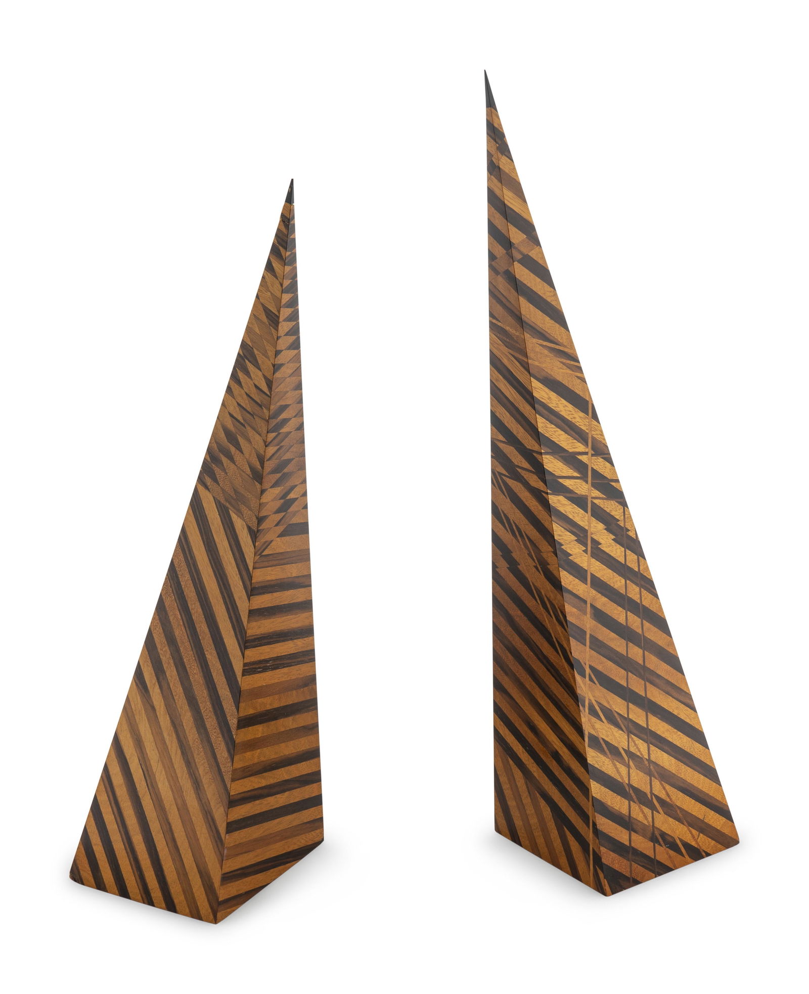 A Pair of Parquetry Wood Obelisks Height of taller 26: A Pair of Parquetry Wood Obelisks 20TH CENTURY signed on bottom illegibly. Height of taller 26 3/4 inches. Property from a Private Collection, Palm Beach, Florida