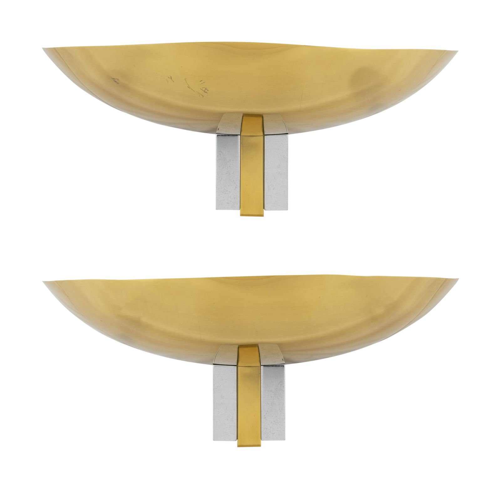 A Pair of Art Deco Style Brass and Silver Tone Wall: A Pair of Art Deco Style Brass and Silver Tone Wall Sconces 20TH CENTURY Labeled German Art-Line Wohndecor Koln. Height 5 x width 14 inches. Property from a Private Collection, Palm Beach, Florida