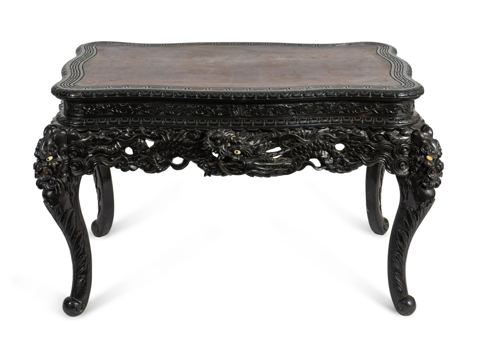 A Japanese Export Carved and Ebonized Wood Center Table: A Japanese Export Carved and Ebonized Wood Center Table LATE 19TH/EARLY 20TH CENTURY Height 30 1/2 x width 51 x depth 35 inches.