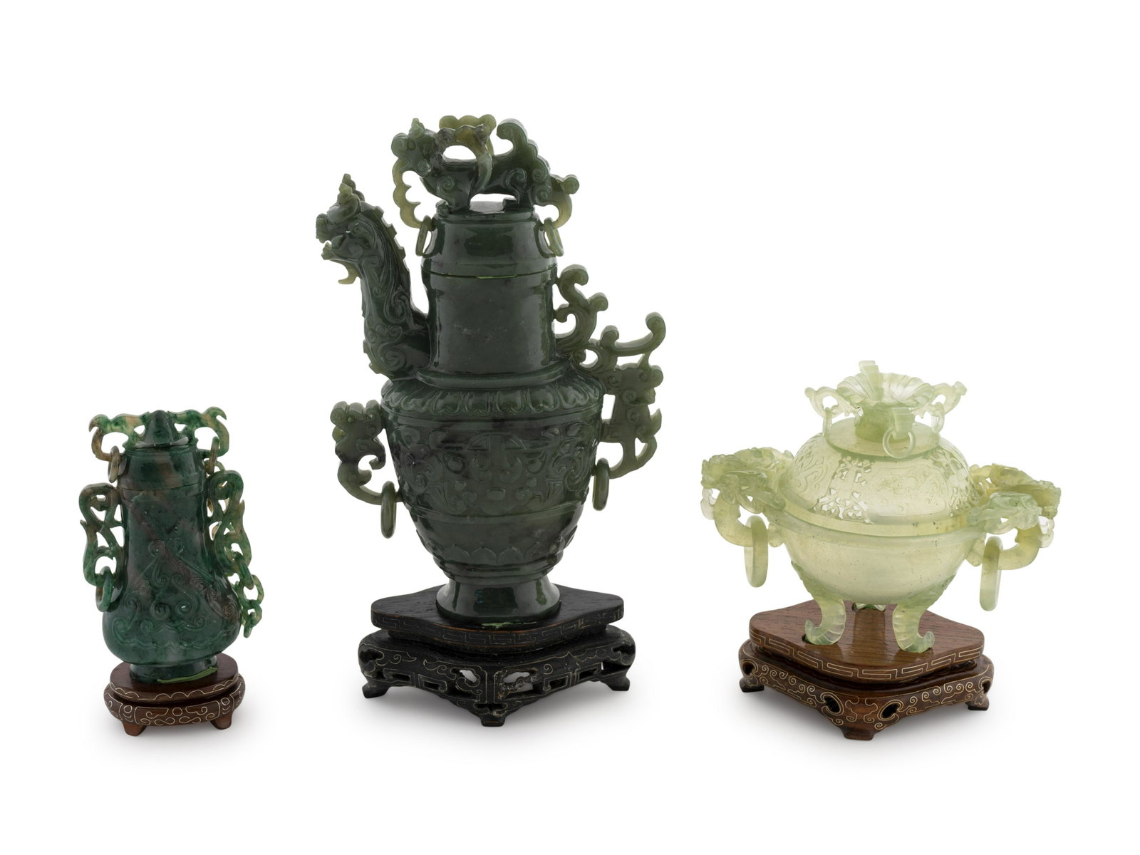Three Chinese Jadeite Urns Height of tallest 8 1/2: Three Chinese Jadeite Urns Height of tallest 8 1/2 inches. Private Collection, Jupiter, FL