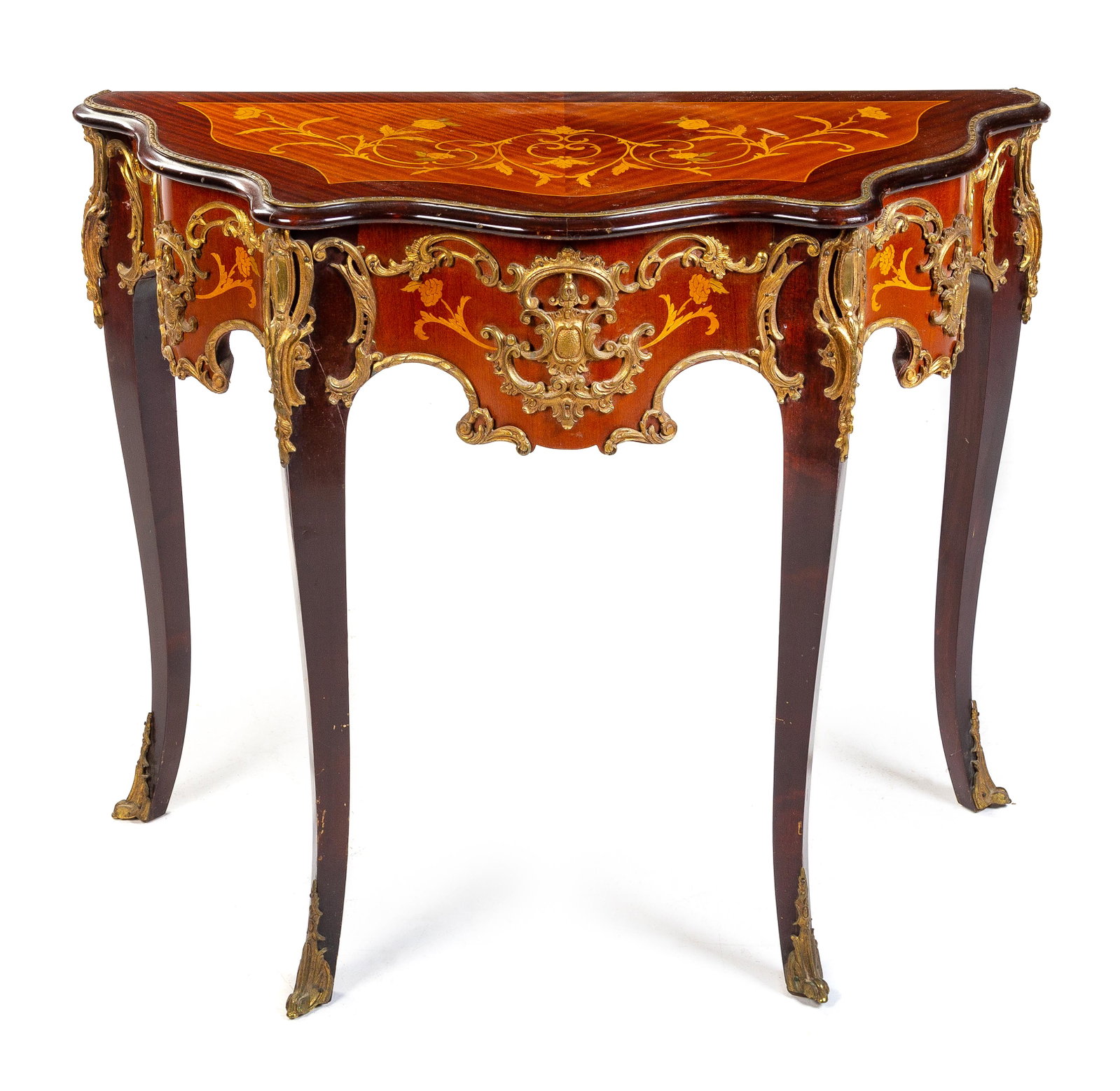 A Louis XV Style Marquetry and Gilt Metal Mounted: A Louis XV Style Marquetry and Gilt Metal Mounted Console Table 20TH CENTURY Height 31 1/2 x width 40 x depth 18 1/2 inches.