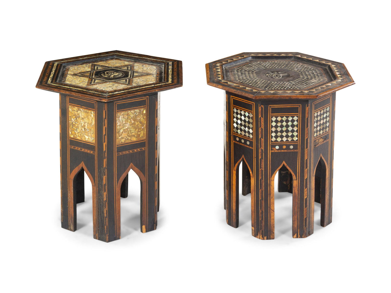 Two Moorish Style Mother-of-Pearl Inlaid Side Tables : Two Moorish Style Mother-of-Pearl Inlaid Side Tables Larger: height 20 x width 19 1/2 inches. Provenance: Property from the Collection of Hamid and Kim Alwan, Milwaukee, Wisconsin