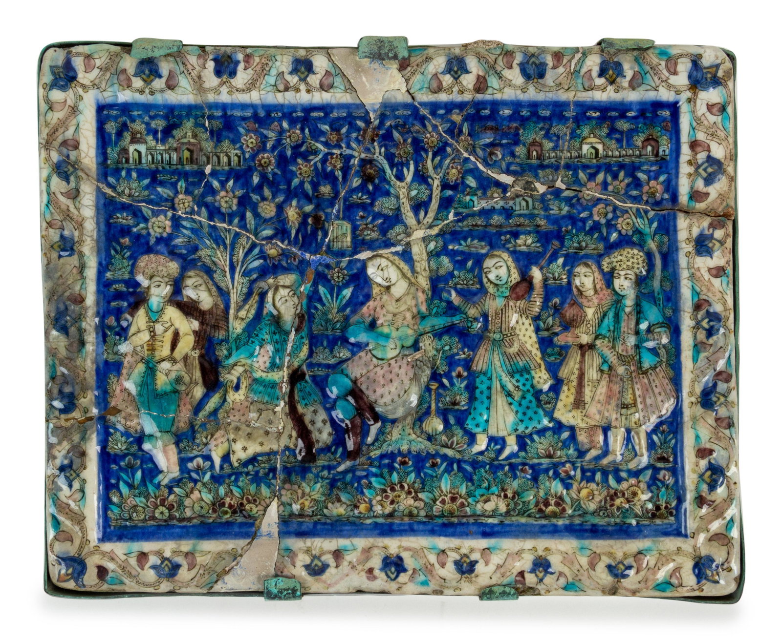 A Polychome Qajar 'Figural' Pottery Tile Height 16 x: A Polychome Qajar 'Figural' Pottery Tile Late 19th Century of rectangular form, molded in relief to depict seven figures. Height 16 x width 20 1/2 inches.