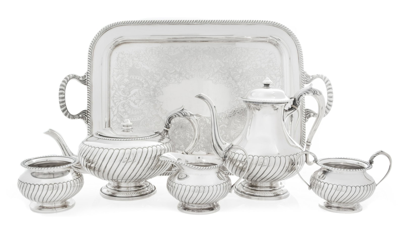 An American Silver Five-Piece Tea and Coffee Service,: An American Silver Five-Piece Tea and Coffee Service, Durham Silver Co., New York, NY MID 20TH CENTURY 78 ozt 3 dwts gross Length of tray 22 1/4 inches.