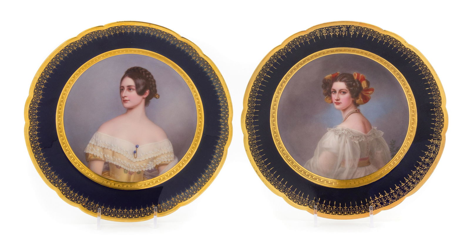 Two German Porcelain Cabinet Plates Diameter 9 1/2: Two German Porcelain Cabinet Plates Franz Xaver Thallmaier Lady Milbanke and Auguste Strobl, each having a scalloped edge and a cobalt ground with gilt highlights, stamped FRANZ XAVER THALLMAIER/ MUNC