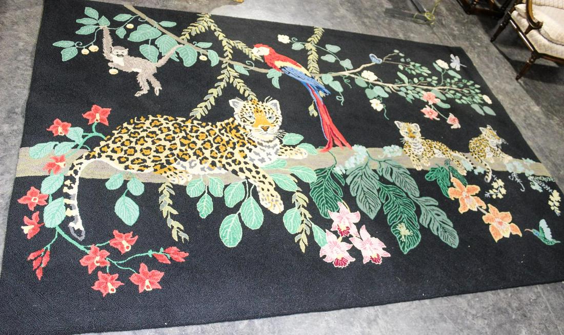 An American Hooked Rug 6 feet x 8 feet 9 inches.: An American Hooked Rug 20TH CENTURY after a Lynn Chase design depicting jungle cats and foliage. 6 feet x 8 feet 9 inches. Provenance: Estate of Merrilee P. Crain, Windermere, Florida