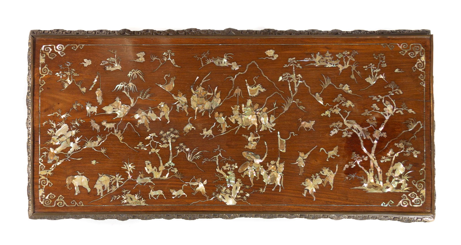A Chinese Export Mother-of-Pearl Inlaid Huanghuali and: A Chinese Export Mother-of-Pearl Inlaid Huanghuali and Metal Table 18TH/19TH CENTURY the rectangular top panel with mother-of-pearl inlays depicting flowering branches, set in a metal frame and legs