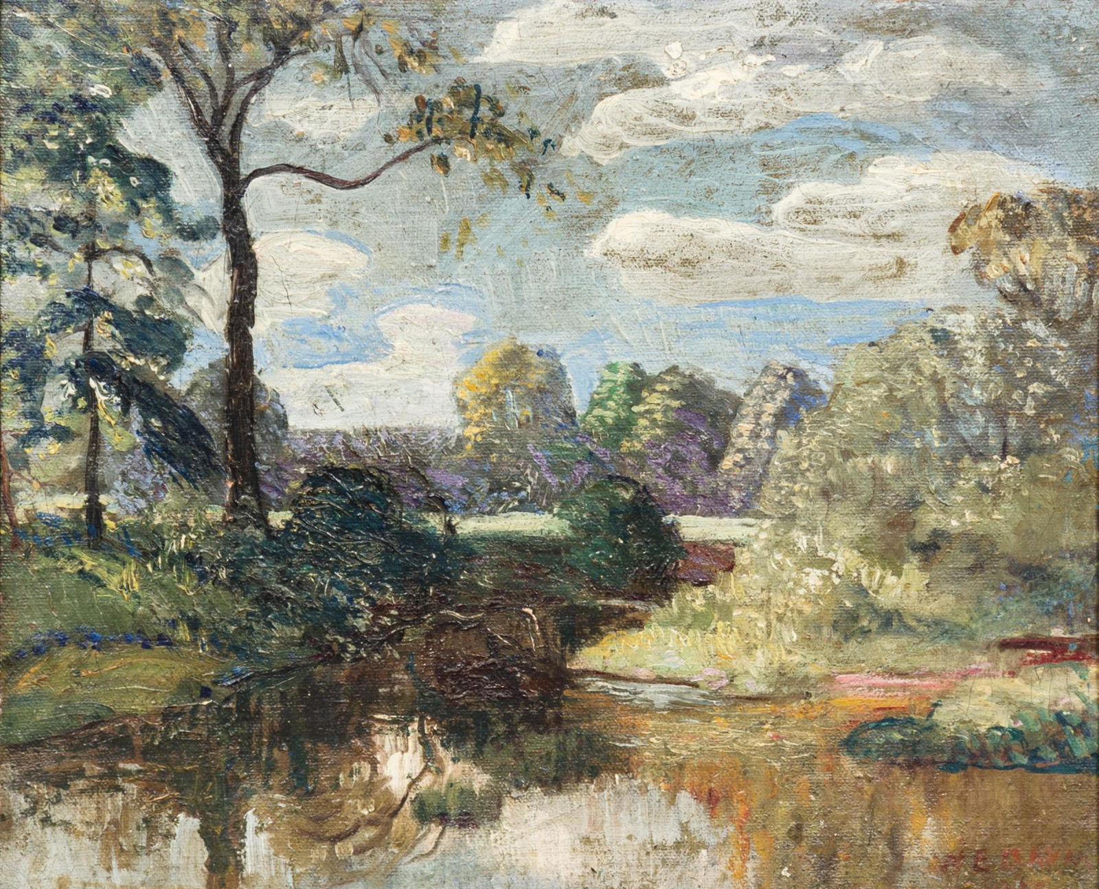 Walter Emerson Baum (American, 1884-1956) Landscape: Walter Emerson Baum (American, 1884-1956) Landscape with Pond oil on canvas signed W. E. Baum (lower right) 12 1/2 x 14 1/2 inches.